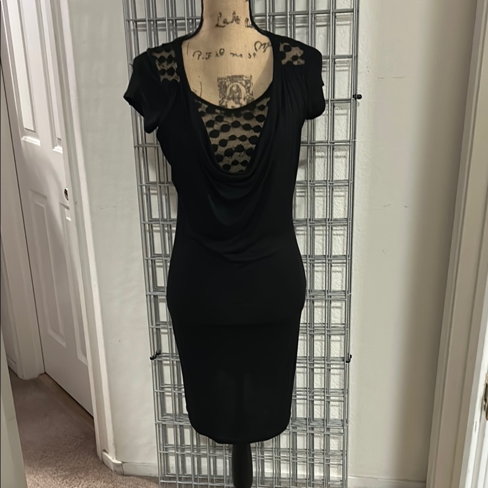 MI MANCHINI Black Mesh-Detail Cowl Neck Dress GUC